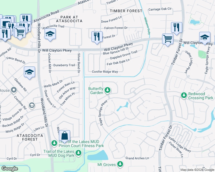 map of restaurants, bars, coffee shops, grocery stores, and more near 11815 Misty Peak Lane in Humble