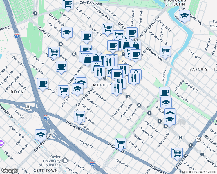 map of restaurants, bars, coffee shops, grocery stores, and more near 3900 Canal Street in New Orleans