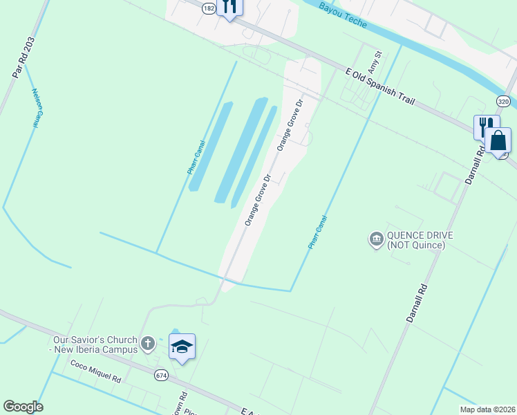 map of restaurants, bars, coffee shops, grocery stores, and more near 619 Orange Grove Drive in New Iberia