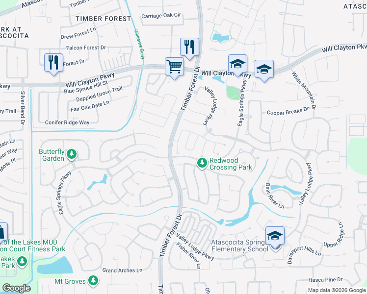 map of restaurants, bars, coffee shops, grocery stores, and more near 17515 Bering Bridge Lane in Humble