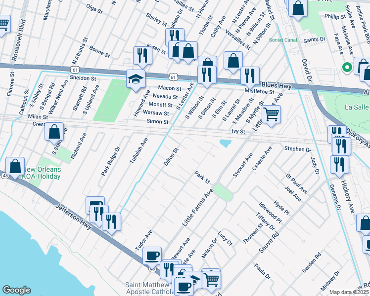 map of restaurants, bars, coffee shops, grocery stores, and more near 10522 Phelps Street in Harahan