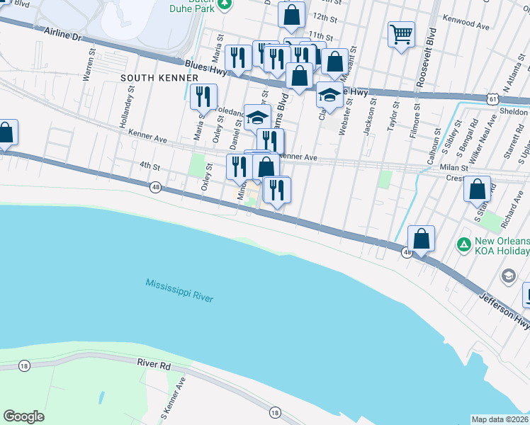 map of restaurants, bars, coffee shops, grocery stores, and more near 2114 Louisiana 48 in Kenner