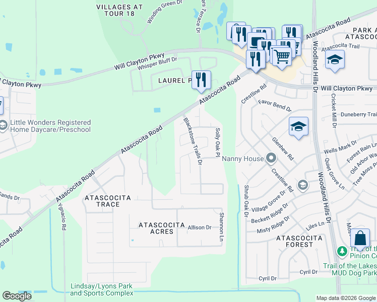 map of restaurants, bars, coffee shops, grocery stores, and more near 3127 Lauren Oaks Lane in Humble