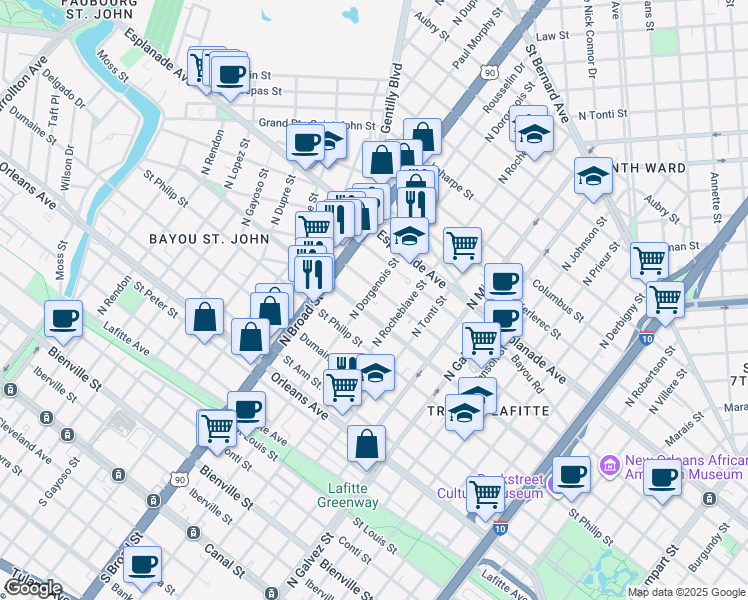 map of restaurants, bars, coffee shops, grocery stores, and more near 1114 North Dorgenois Street in New Orleans
