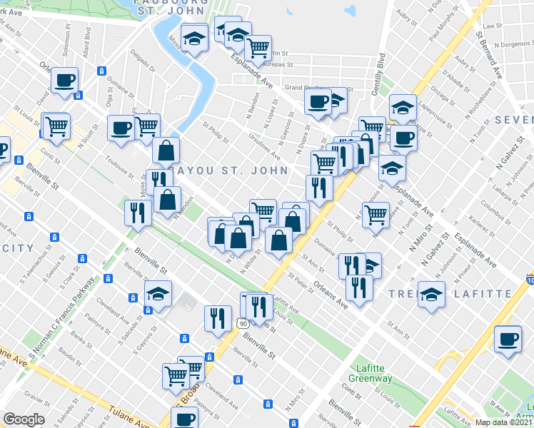map of restaurants, bars, coffee shops, grocery stores, and more near 820 North Dupre Street in New Orleans
