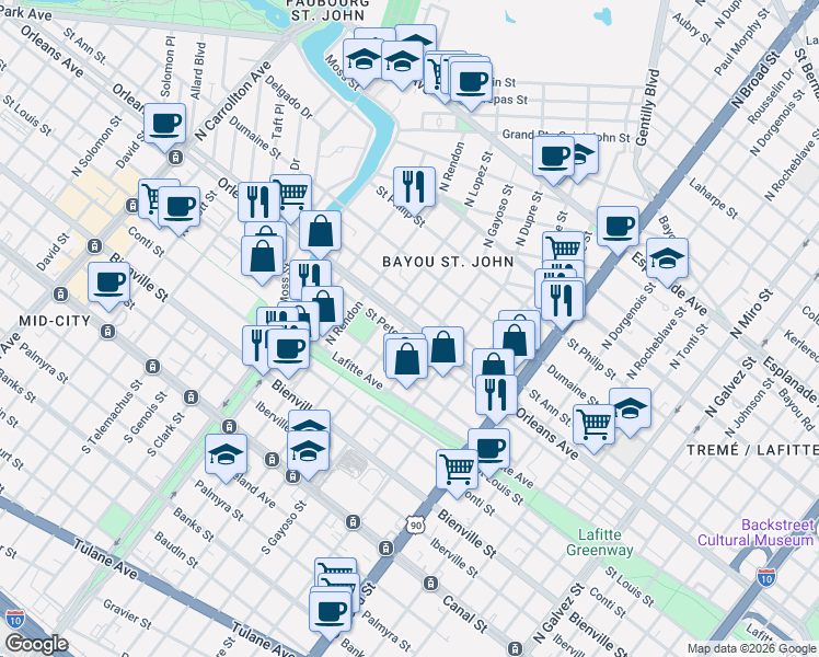 map of restaurants, bars, coffee shops, grocery stores, and more near 3035 Saint Peter Street in New Orleans