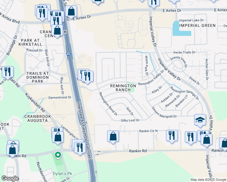 map of restaurants, bars, coffee shops, grocery stores, and more near 414 Remington Ridge Drive in Houston