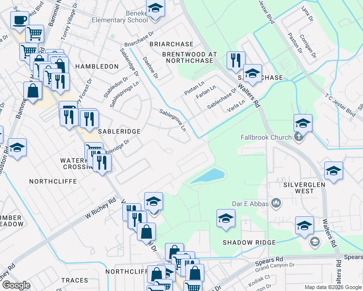 map of restaurants, bars, coffee shops, grocery stores, and more near 13631 Sablerun Lane in Houston