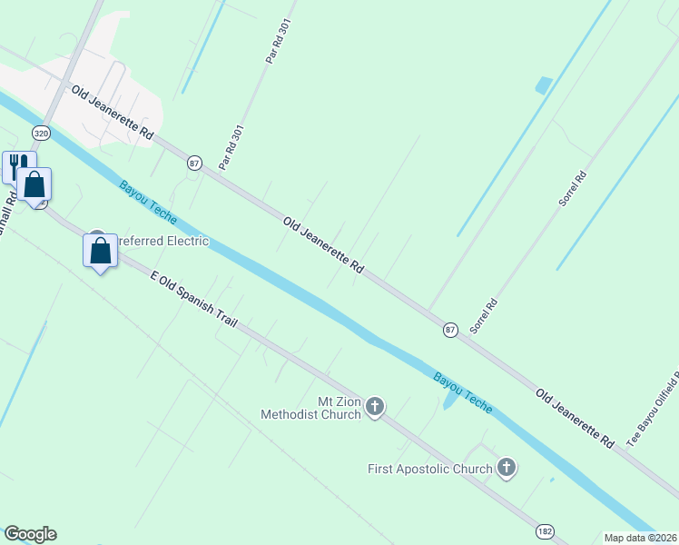 map of restaurants, bars, coffee shops, grocery stores, and more near 8346 Old Jeanerette Road in Jeanerette