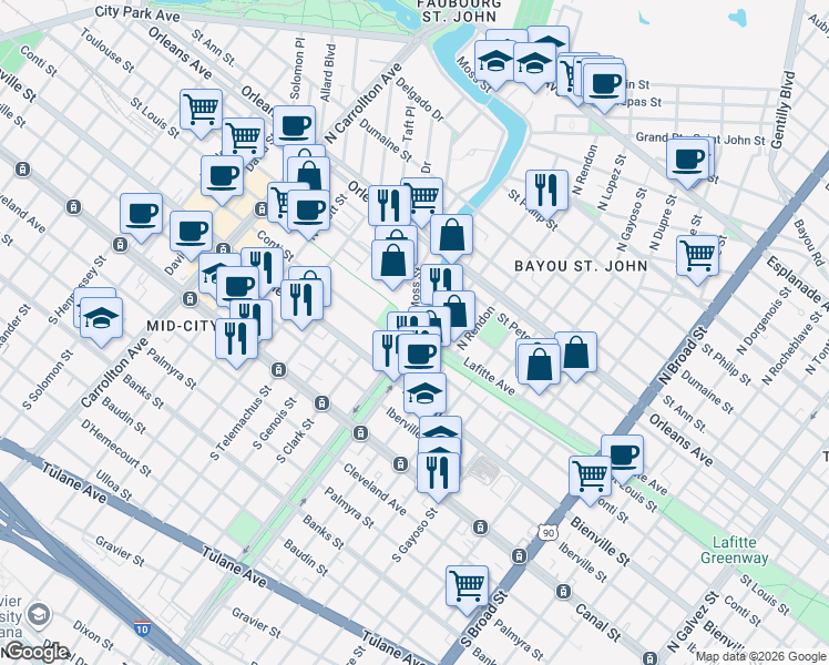 map of restaurants, bars, coffee shops, grocery stores, and more near 499 North Norman C Francis Parkway in New Orleans