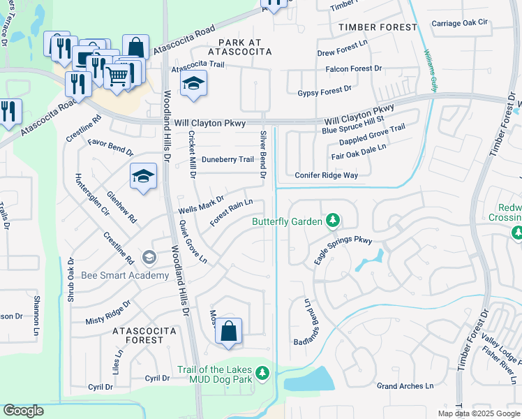map of restaurants, bars, coffee shops, grocery stores, and more near 4247 Old Arbor Way in Humble