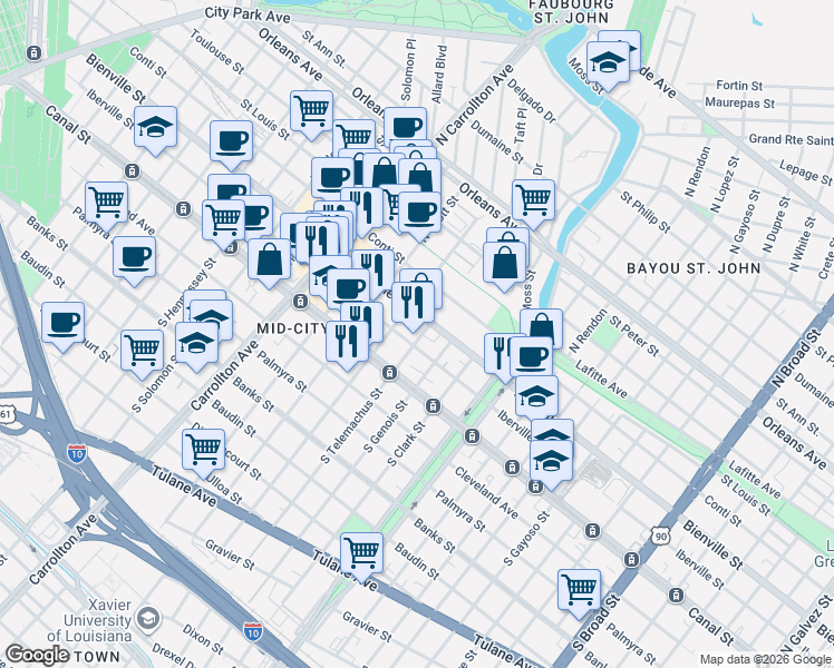 map of restaurants, bars, coffee shops, grocery stores, and more near 3701 Iberville Street in New Orleans