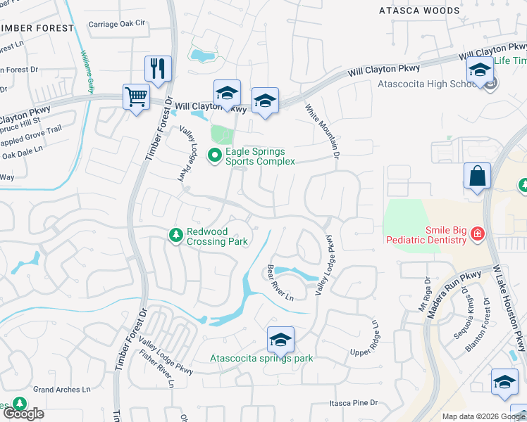map of restaurants, bars, coffee shops, grocery stores, and more near 12630 Arnette Park Lane in Atascocita