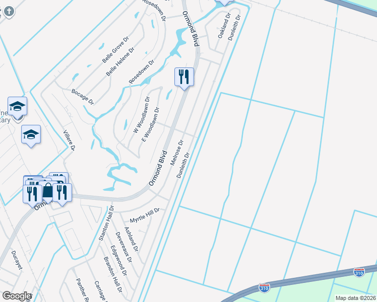 map of restaurants, bars, coffee shops, grocery stores, and more near 154 Dunleith Drive in Destrehan
