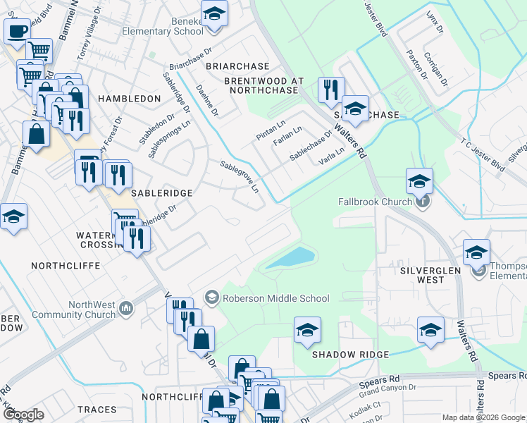 map of restaurants, bars, coffee shops, grocery stores, and more near 13611 Sablerun Ln in Houston