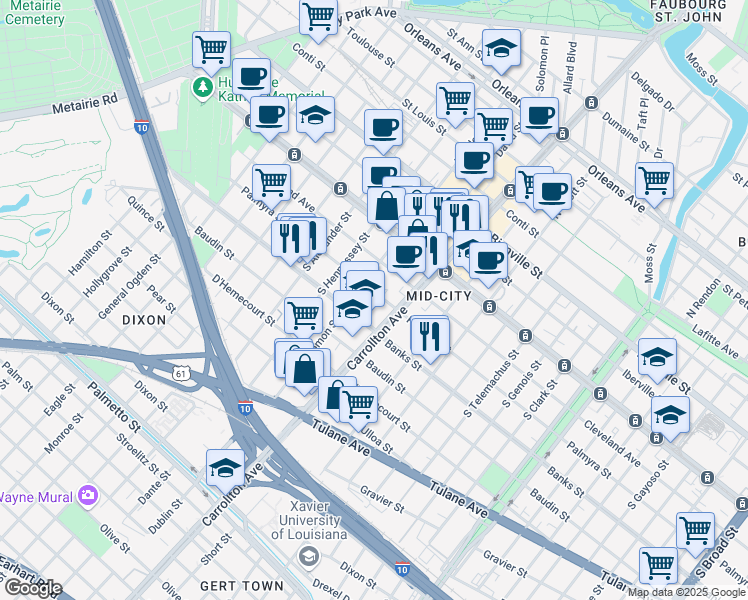map of restaurants, bars, coffee shops, grocery stores, and more near 4133 Banks Street in New Orleans
