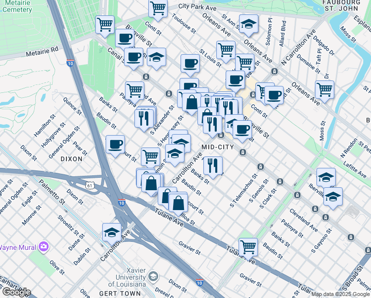 map of restaurants, bars, coffee shops, grocery stores, and more near 4133 Banks Street in New Orleans