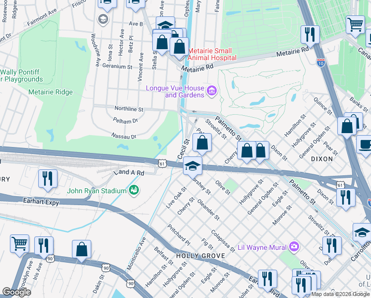 map of restaurants, bars, coffee shops, grocery stores, and more near 3405 Cecil Street in New Orleans