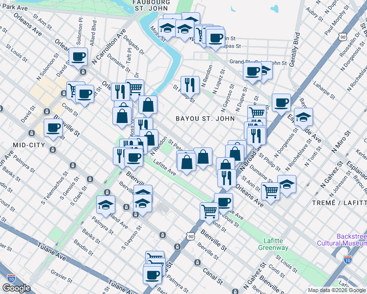 map of restaurants, bars, coffee shops, grocery stores, and more near 3035 Saint Peter Street in New Orleans