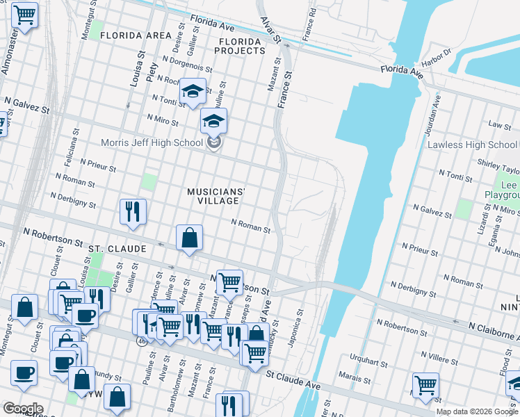 map of restaurants, bars, coffee shops, grocery stores, and more near 1832 France Street in New Orleans