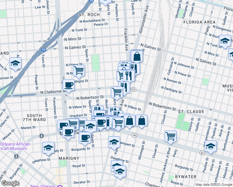 map of restaurants, bars, coffee shops, grocery stores, and more near 1436 Franklin Avenue in New Orleans