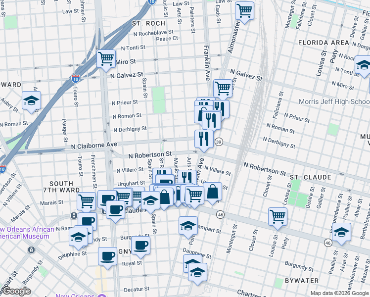 map of restaurants, bars, coffee shops, grocery stores, and more near 2447 North Robertson Street in New Orleans