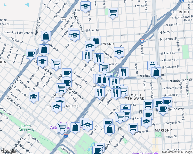 map of restaurants, bars, coffee shops, grocery stores, and more near 1715 Laharpe Street in New Orleans