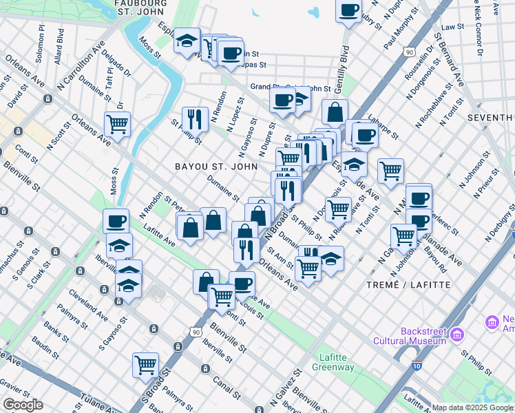 map of restaurants, bars, coffee shops, grocery stores, and more near 2743 Dumaine Street in New Orleans