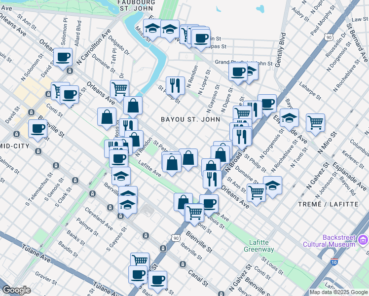map of restaurants, bars, coffee shops, grocery stores, and more near 2939 Orleans Avenue in New Orleans