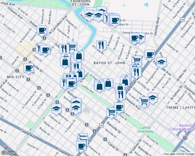 map of restaurants, bars, coffee shops, grocery stores, and more near 3035 Saint Peter Street in New Orleans