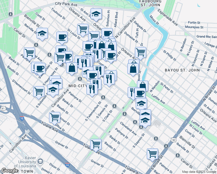 map of restaurants, bars, coffee shops, grocery stores, and more near 3701 Iberville Street in New Orleans
