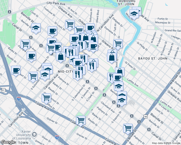 map of restaurants, bars, coffee shops, grocery stores, and more near 3701 Iberville Street in New Orleans
