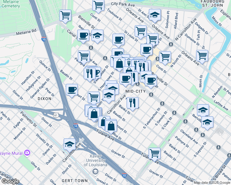 map of restaurants, bars, coffee shops, grocery stores, and more near 4135 Banks Street in New Orleans