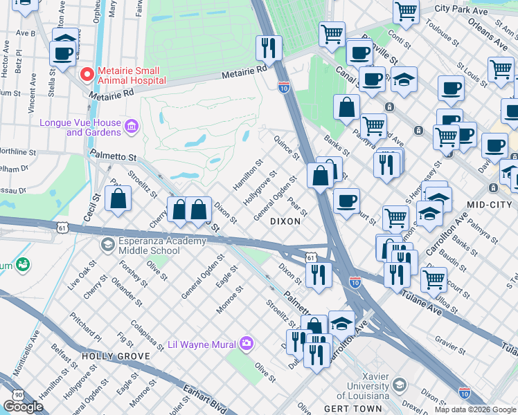 map of restaurants, bars, coffee shops, grocery stores, and more near 8924 Peach Street in New Orleans
