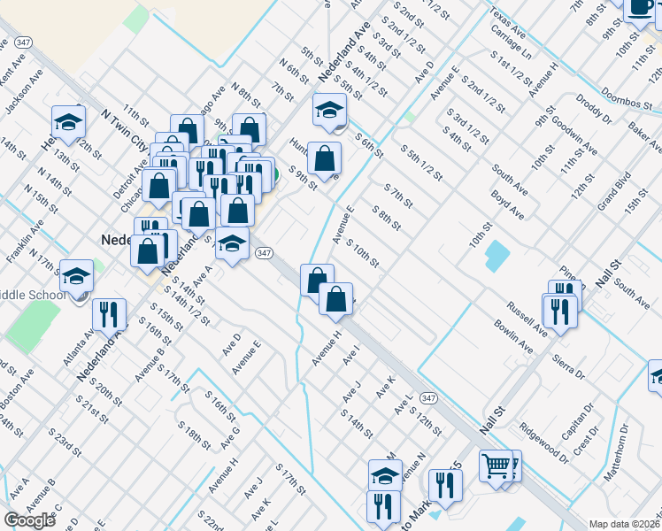 map of restaurants, bars, coffee shops, grocery stores, and more near 708 1/2 South 10th Street in Nederland