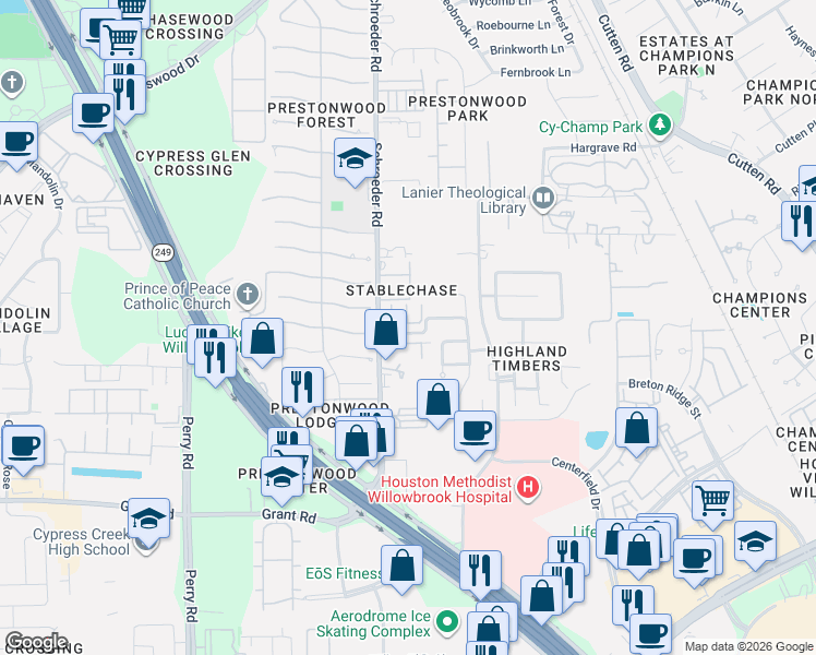 map of restaurants, bars, coffee shops, grocery stores, and more near 8002 Lago Villa Drive in Houston