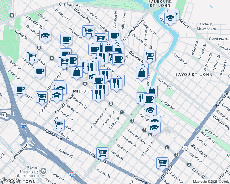 map of restaurants, bars, coffee shops, grocery stores, and more near 3701 Iberville Street in New Orleans