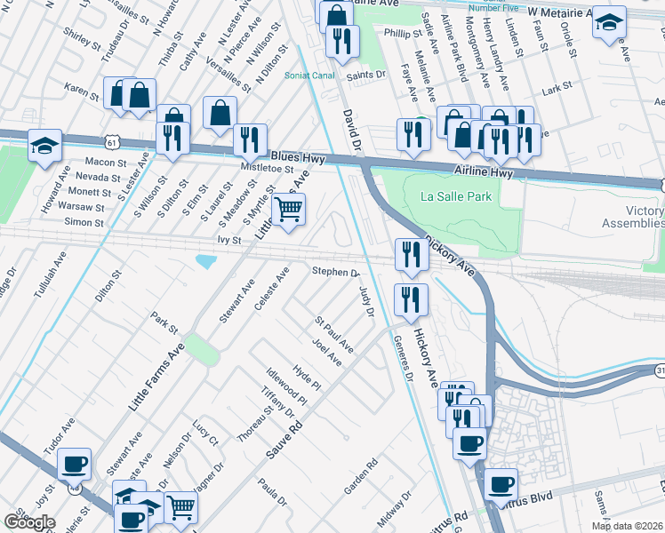 map of restaurants, bars, coffee shops, grocery stores, and more near 10144 Stephen Drive in River Ridge