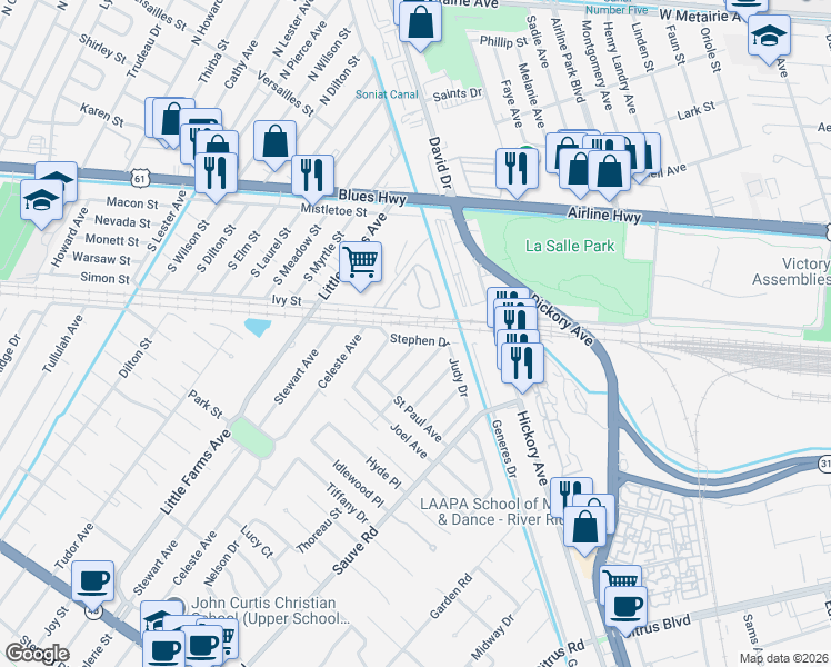 map of restaurants, bars, coffee shops, grocery stores, and more near 10133 Stephen Drive in River Ridge