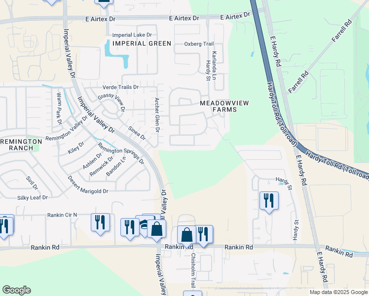 map of restaurants, bars, coffee shops, grocery stores, and more near 1406 Evermore Manor Lane in Houston