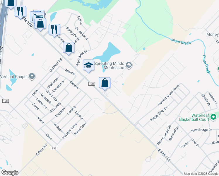 map of restaurants, bars, coffee shops, grocery stores, and more near 102b Creekside Trail in Kyle