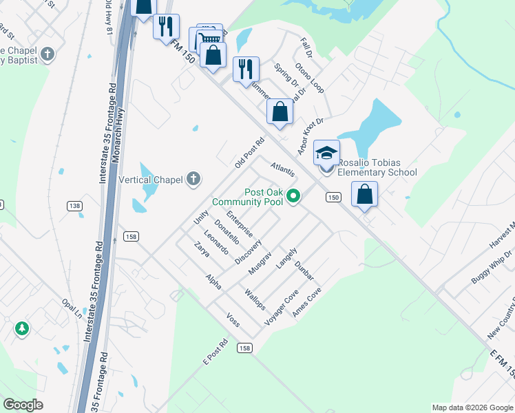 map of restaurants, bars, coffee shops, grocery stores, and more near 249 Endeavour in Kyle