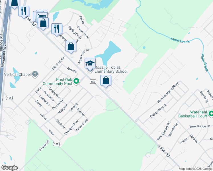 map of restaurants, bars, coffee shops, grocery stores, and more near 101 Lakeview Court in Kyle