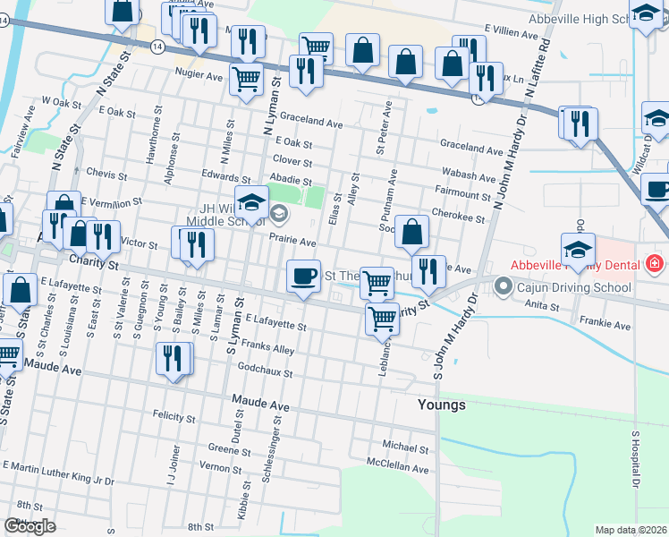 map of restaurants, bars, coffee shops, grocery stores, and more near 1512 Oscar Street in Abbeville