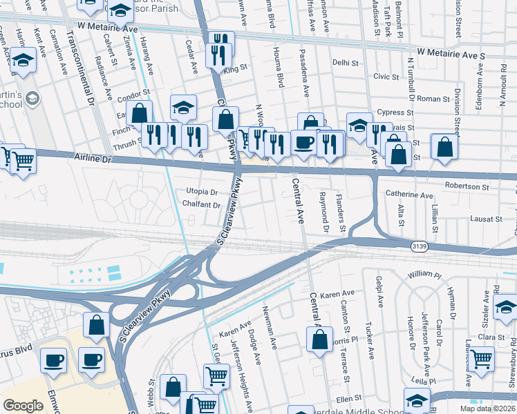 map of restaurants, bars, coffee shops, grocery stores, and more near 32 North Woodlawn Avenue in Metairie