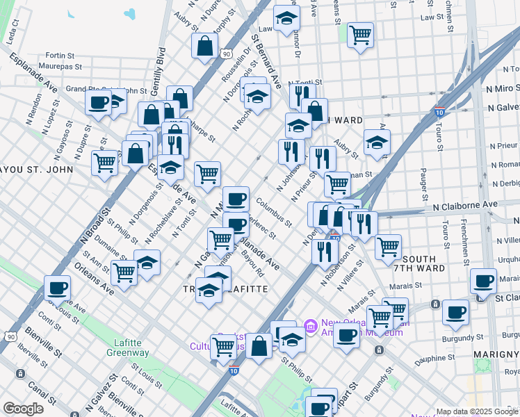 map of restaurants, bars, coffee shops, grocery stores, and more near 1475 North Johnson Street in New Orleans