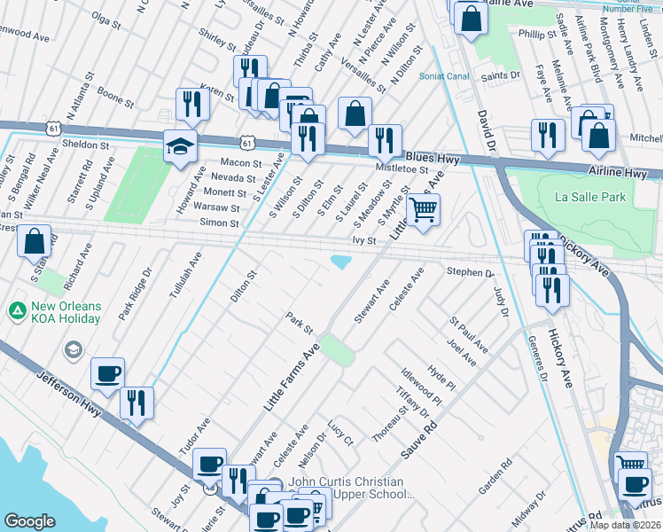 map of restaurants, bars, coffee shops, grocery stores, and more near 2 Mary Ridge Court in River Ridge