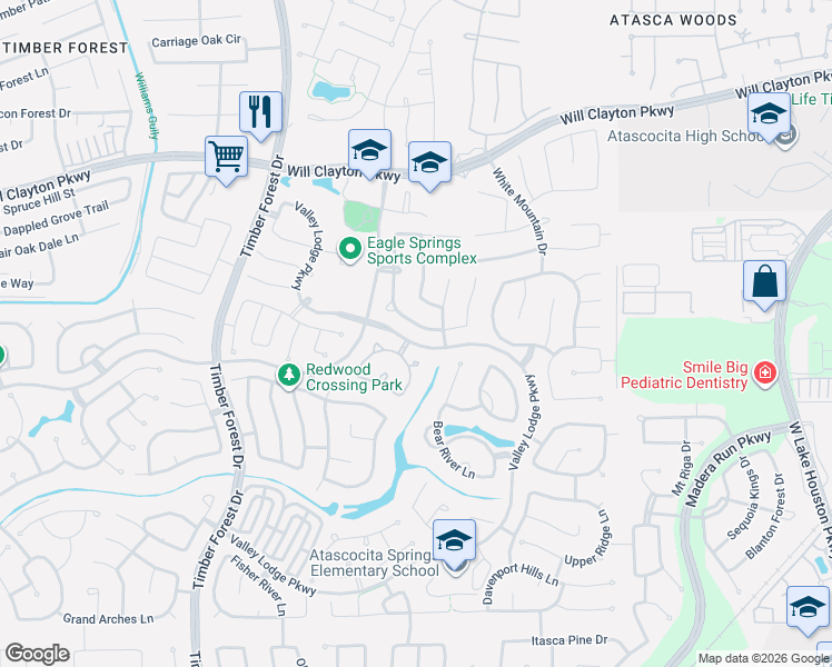 map of restaurants, bars, coffee shops, grocery stores, and more near 12630 Arnette Park Lane in Atascocita
