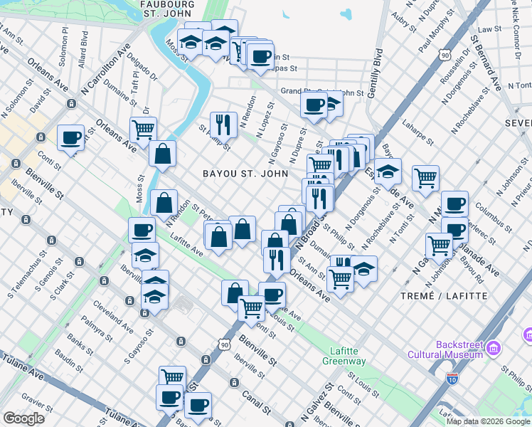 map of restaurants, bars, coffee shops, grocery stores, and more near 820 North Dupre Street in New Orleans
