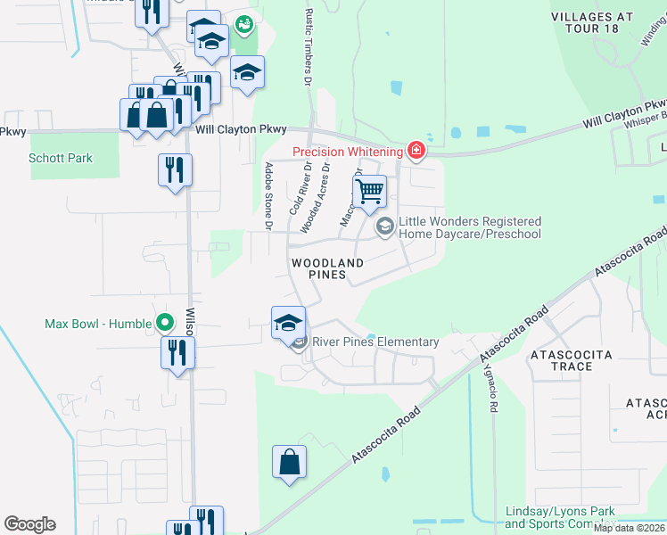 map of restaurants, bars, coffee shops, grocery stores, and more near 2118 Pickwick Pine Drive in Humble